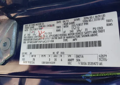 2015 Ford Escape S z USA, uszkodzony, nr VIN 1FMCU0F76FUC23159